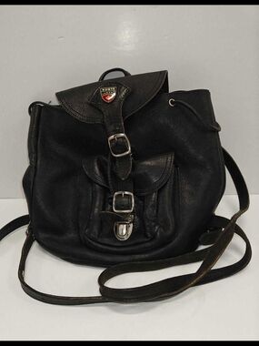 Vintage Roots Black Leather Buckle Drawstring Backpack